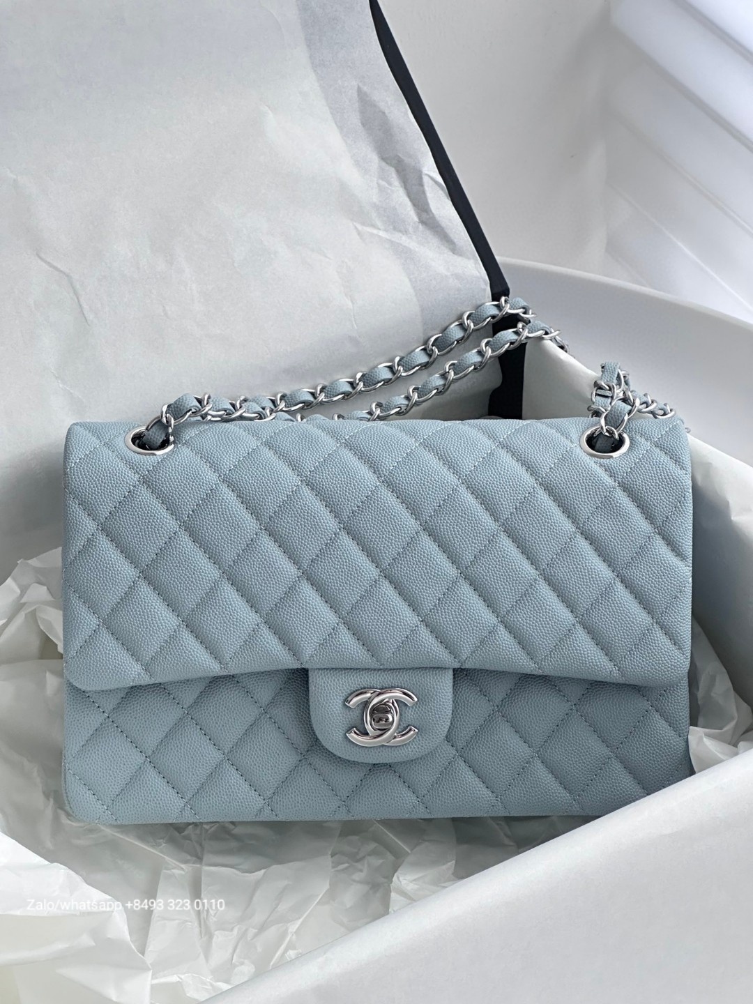 CHANEL CLASSIC 11.12 HANDBAG Grained Shiny Calfskin & Dark-Tone Metal Blue