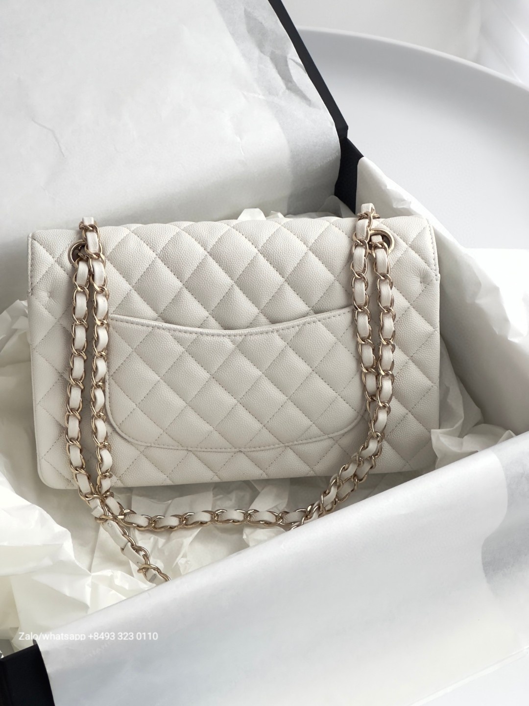 CHANEL CLASSIC HANDBAG Grained Calfskin & Gold-Tone Metal White