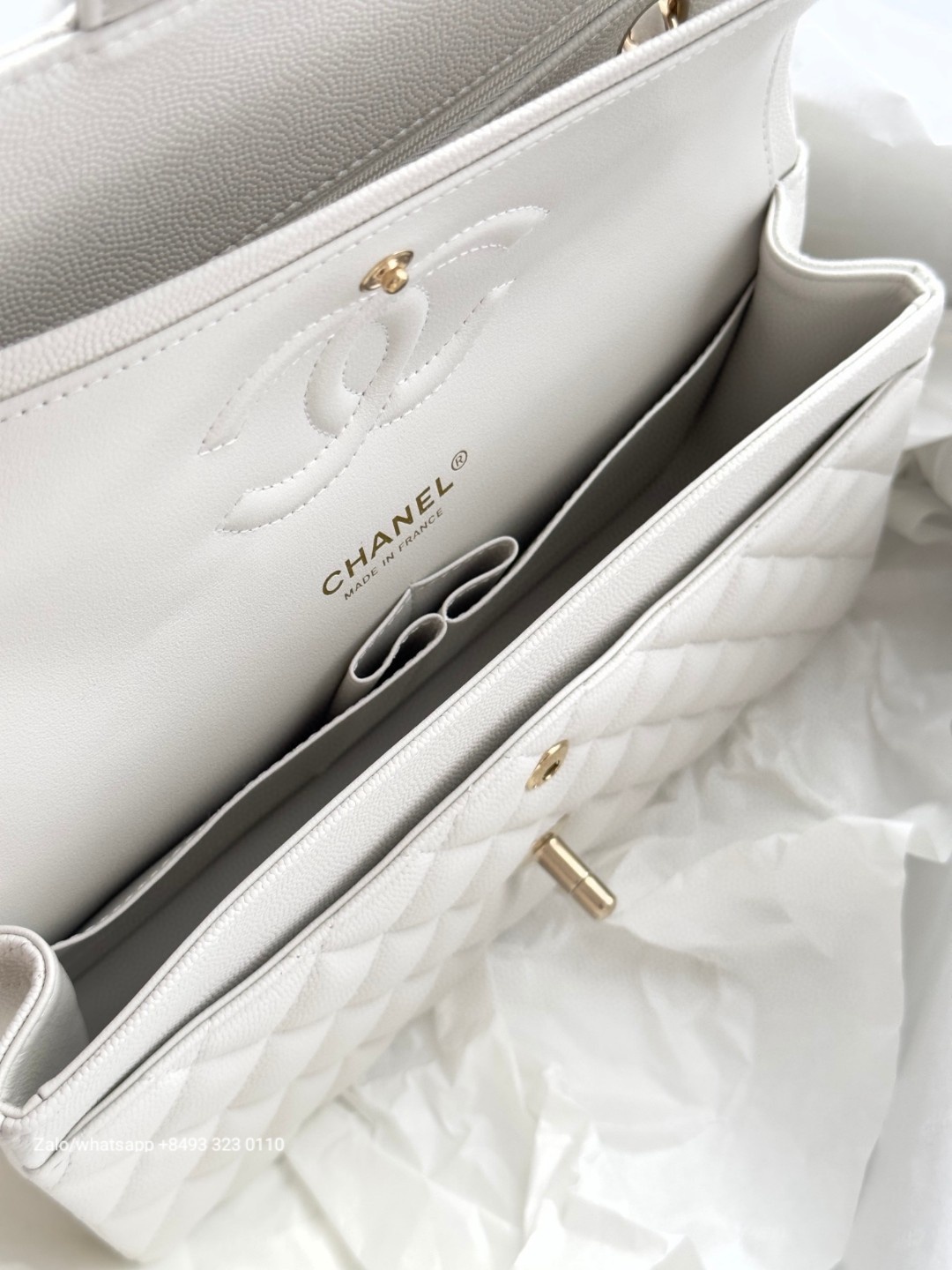 CHANEL CLASSIC HANDBAG Grained Calfskin & Gold-Tone Metal White