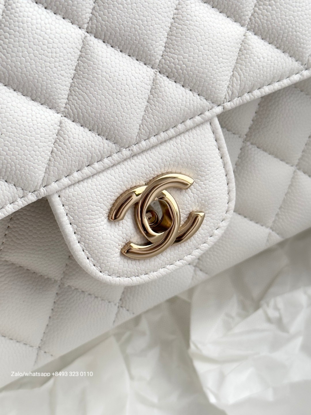 CHANEL CLASSIC HANDBAG Grained Calfskin & Gold-Tone Metal White