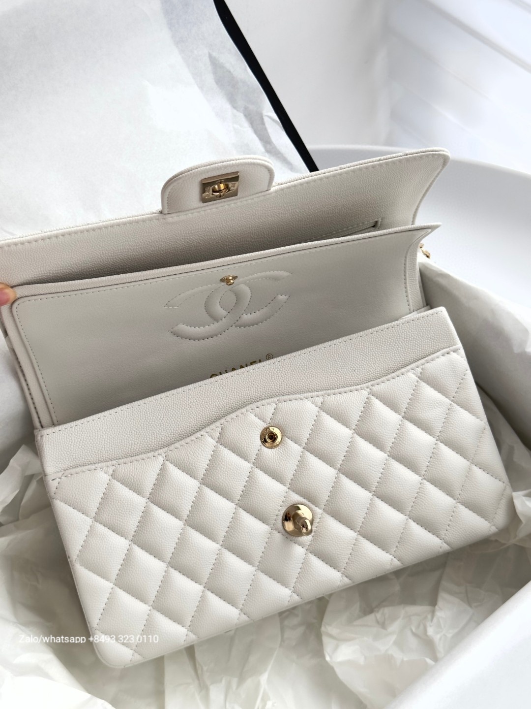 CHANEL CLASSIC HANDBAG Grained Calfskin & Gold-Tone Metal White