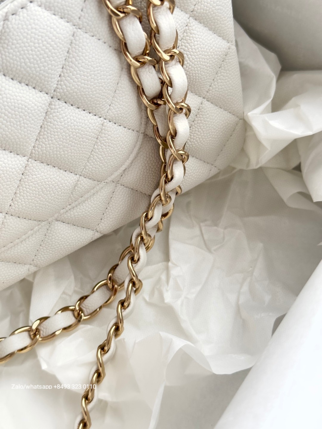 CHANEL CLASSIC HANDBAG Grained Calfskin & Gold-Tone Metal White