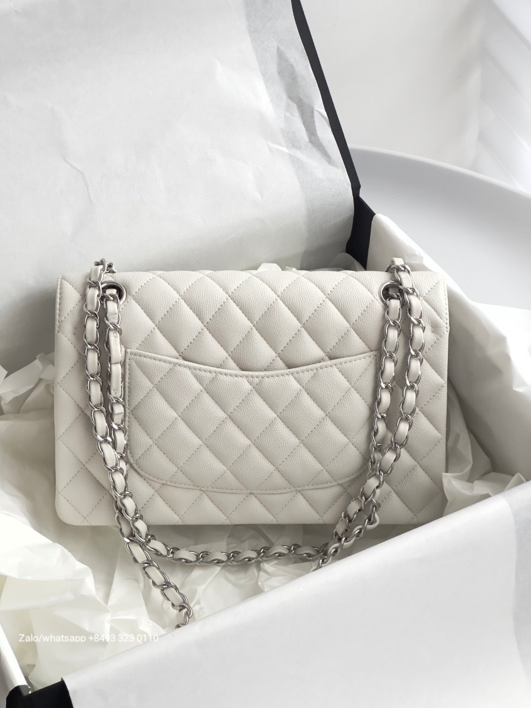 CHANEL CLASSIC HANDBAG Grained Calfskin & dark-Tone Metal White