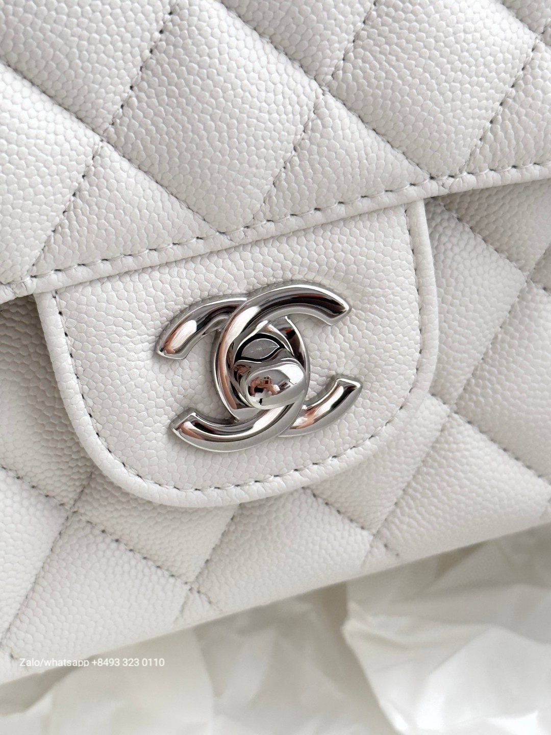 CHANEL CLASSIC HANDBAG Grained Calfskin & dark-Tone Metal White