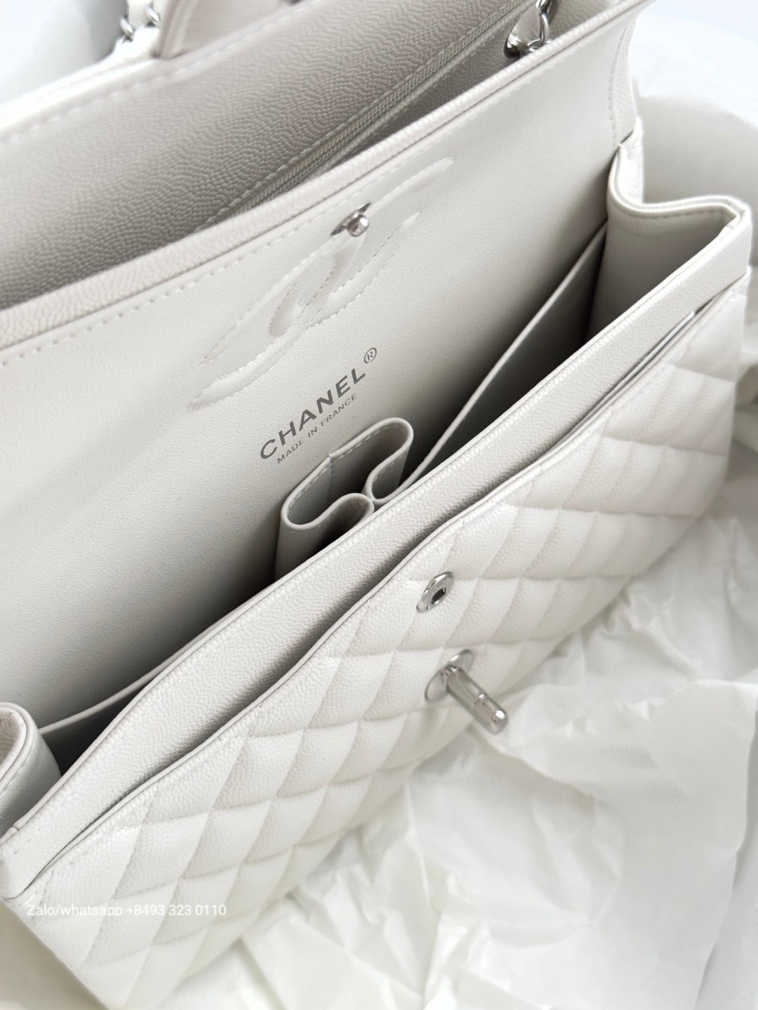 CHANEL CLASSIC HANDBAG Grained Calfskin & dark-Tone Metal White