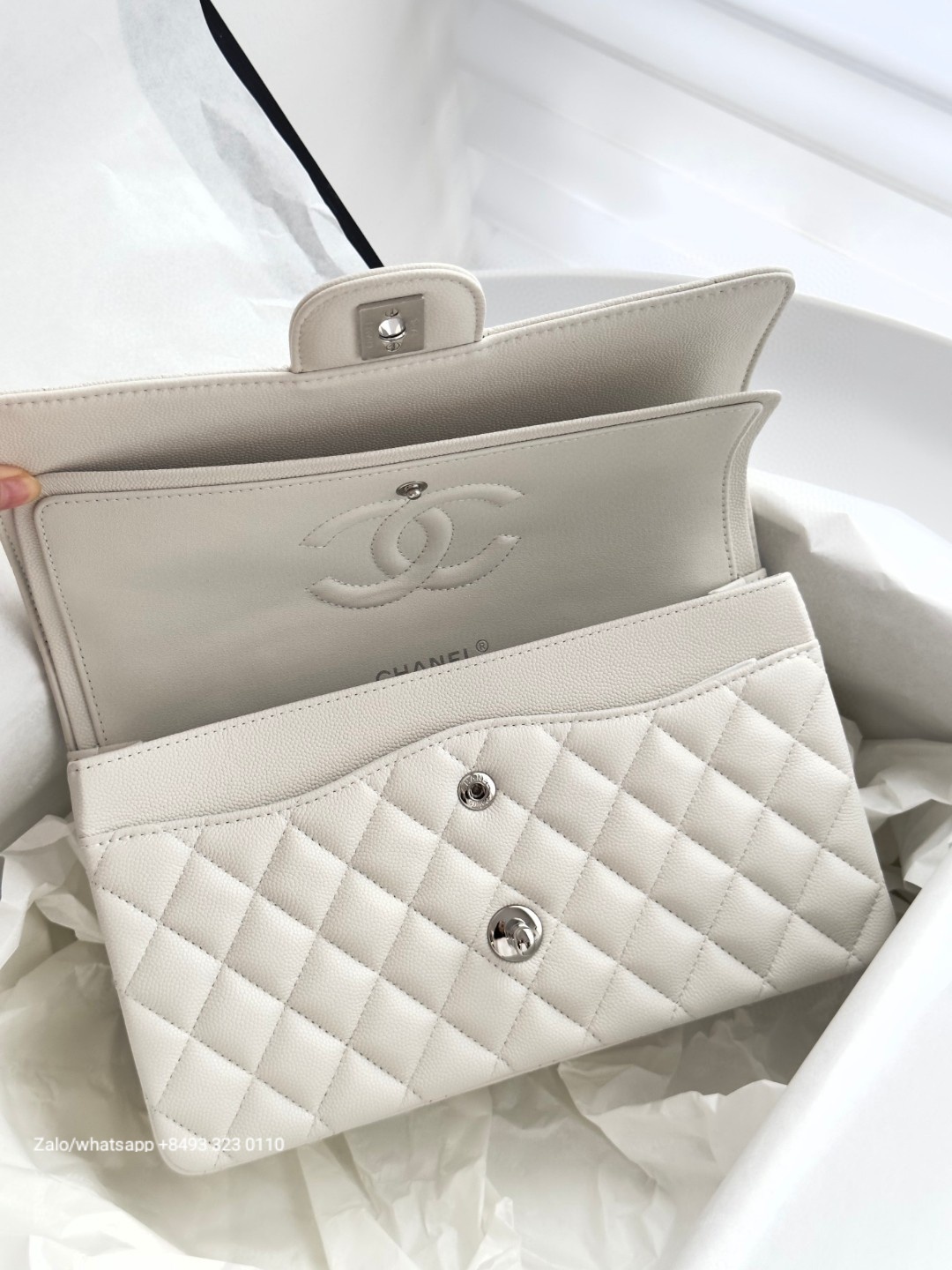 CHANEL CLASSIC HANDBAG Grained Calfskin & dark-Tone Metal White