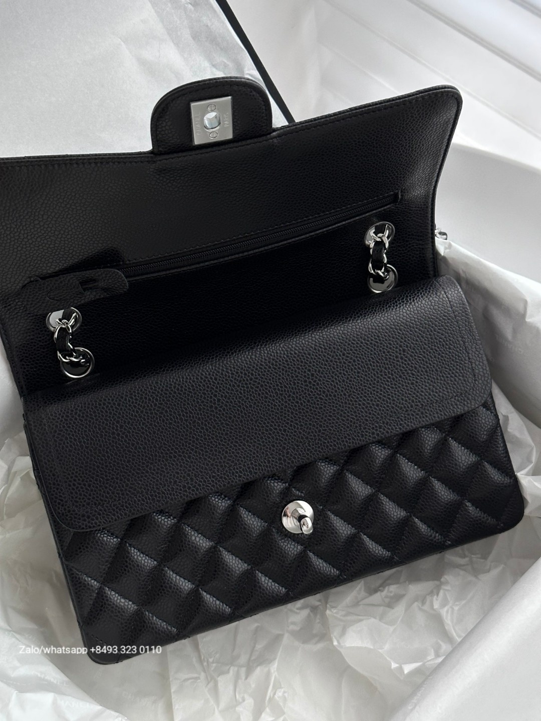 CHANEL CLASSIC HANDBAG Grained Calfskin & DARK-Tone Metal Black