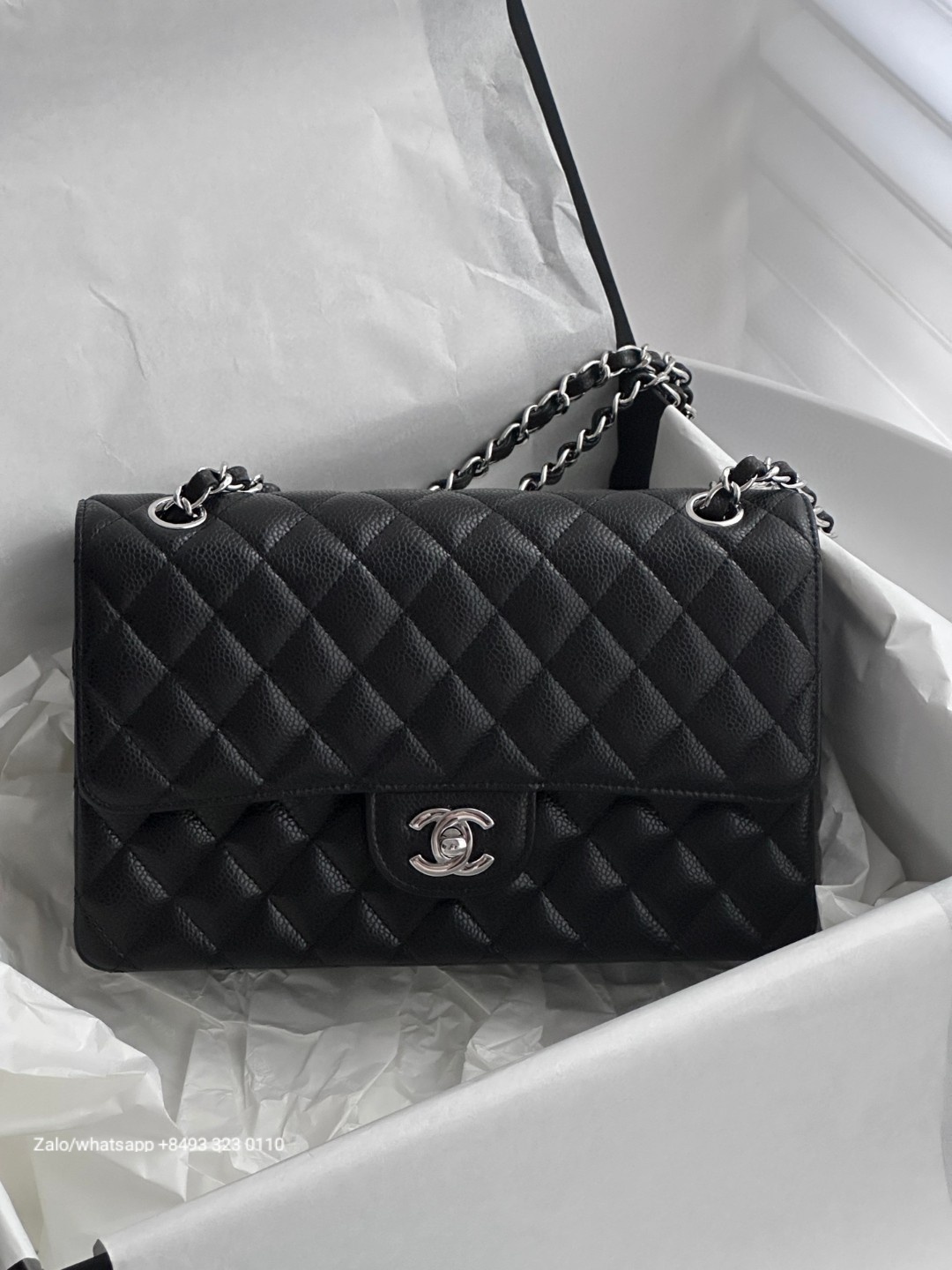CHANEL CLASSIC HANDBAG Grained Calfskin & DARK-Tone Metal Black