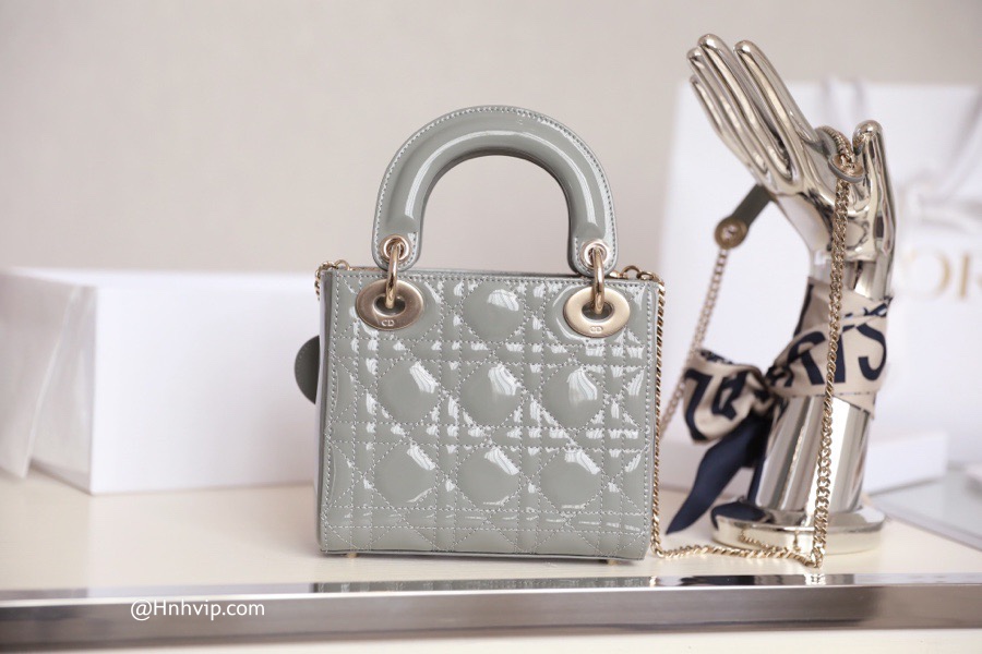 MINI LADY DIOR BAG Gray Patent Cannage Calfskin