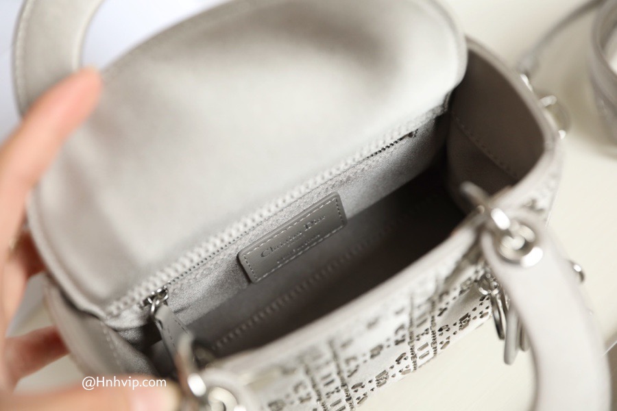 MINI LADY DIOR BAG Gray Strass Cannage Satin