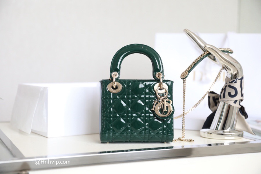 MINI LADY DIOR BAG Pine Green Patent Cannage Calfskin
