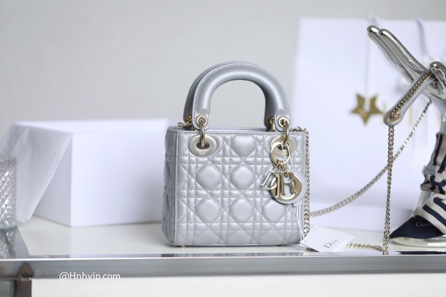 MINI LADY DIOR BAG Gray Opaline Beaded Cannage Lambskin