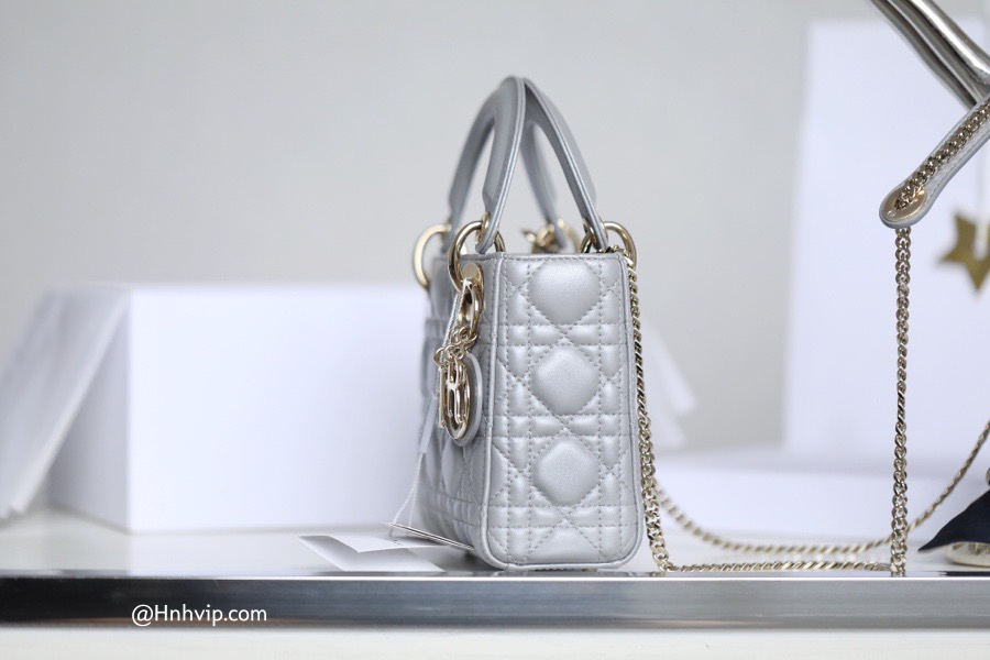 MINI LADY DIOR BAG Gray Opaline Beaded Cannage Lambskin