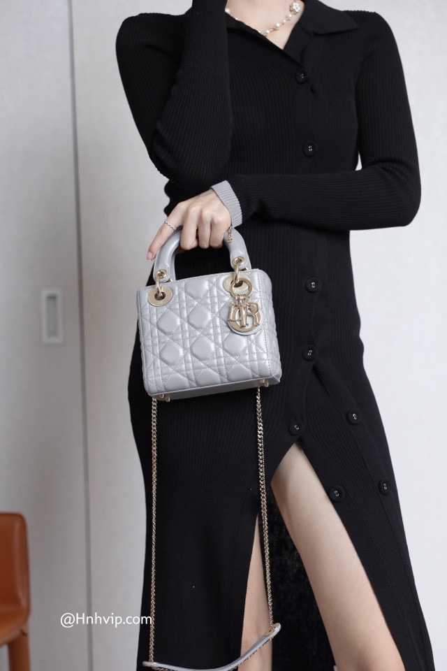 MINI LADY DIOR BAG Gray Opaline Beaded Cannage Lambskin