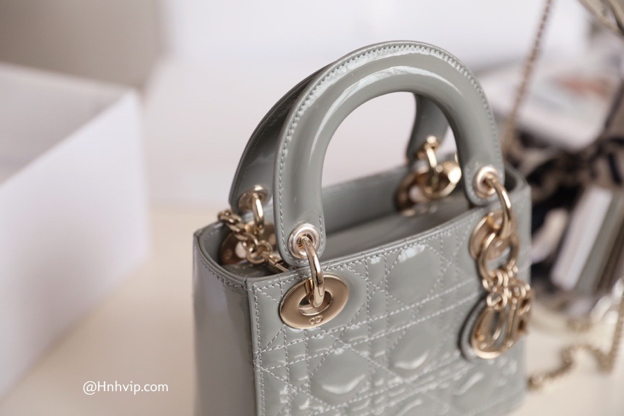 MINI LADY DIOR BAG Gray Patent Cannage Calfskin