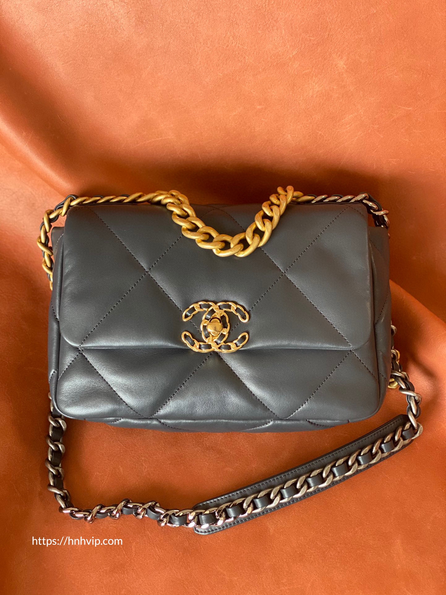 Chanel 19 tweed navy white orange small ASL7546  LuxuryPromise