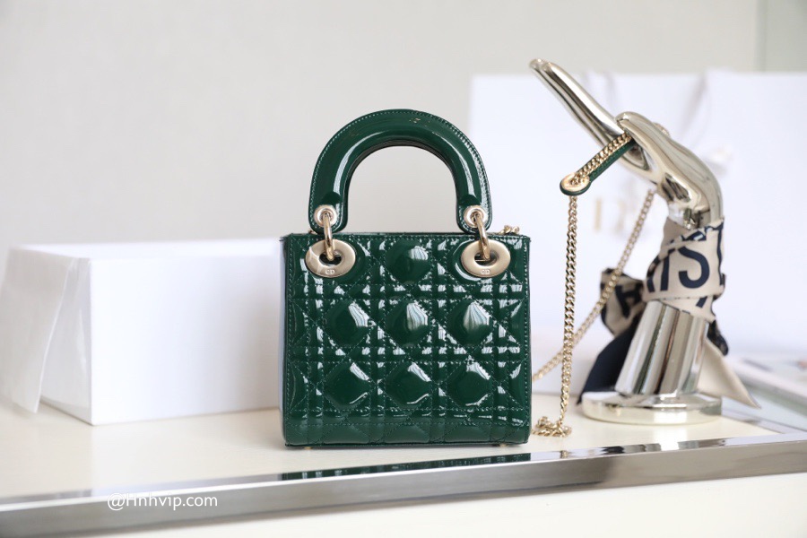 MINI LADY DIOR BAG Pine Green Patent Cannage Calfskin