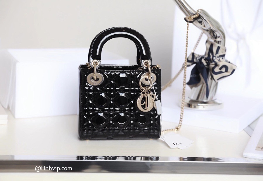 MINI LADY DIOR BAG Black Patent Cannage Calfskin