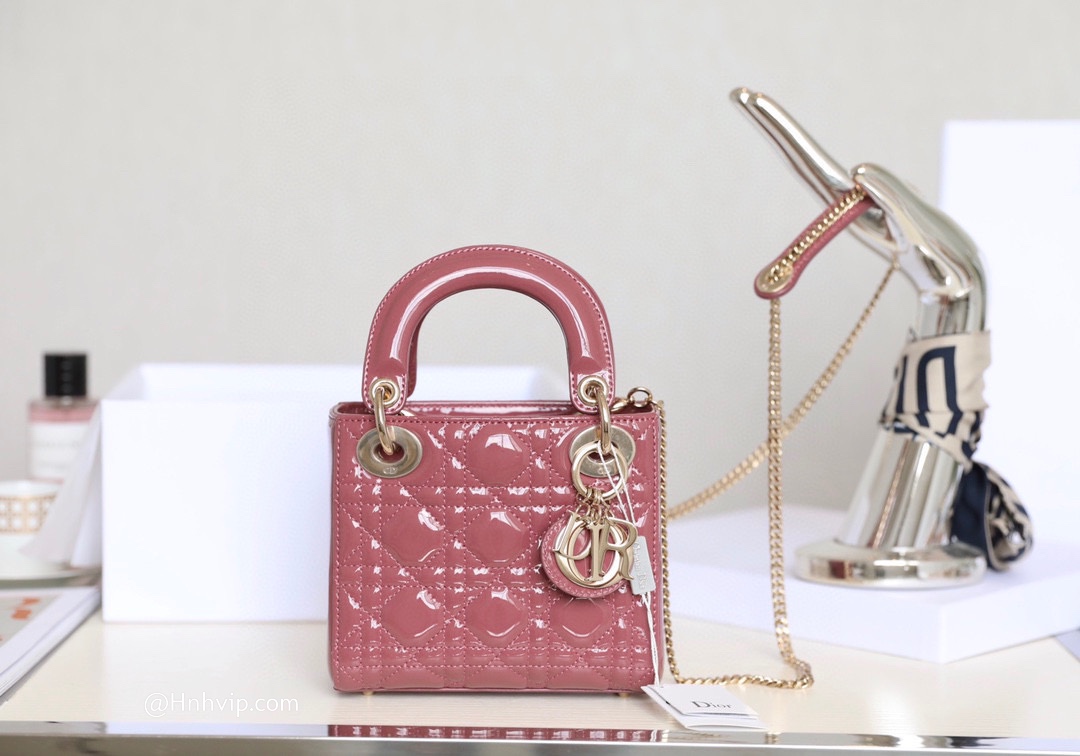 MINI LADY DIOR BAG Peach Blossom Pink Patent Cannage Calfskin