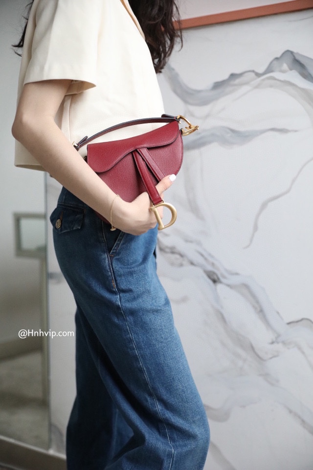 Mini DIOR SADDLE BAG Cherry Red Grained Calfskin
