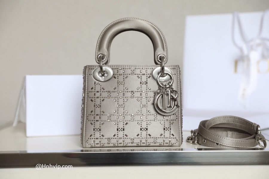 MINI LADY DIOR BAG Gray Strass Cannage Satin