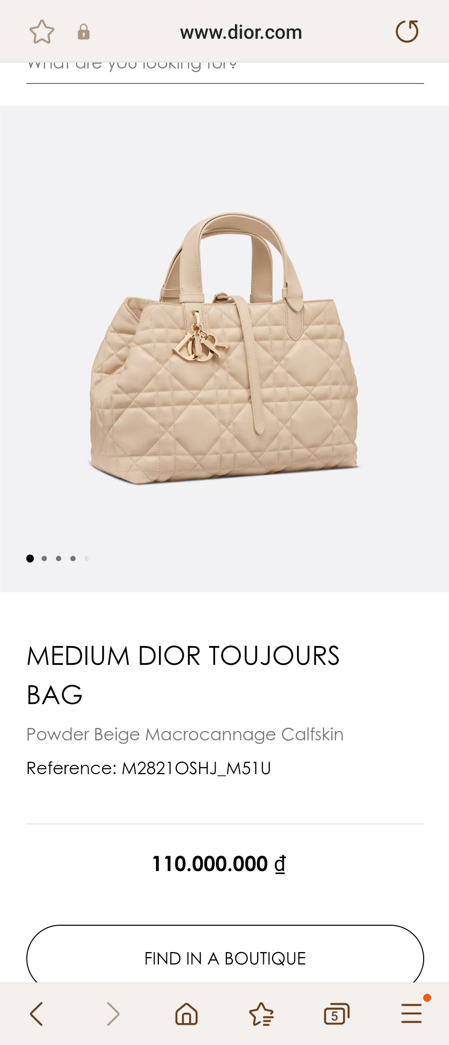 DIOR MEDIUM DIOR TOUJOURS BAGPowder Beige Macro cannage Calfskin M2821OSHJ