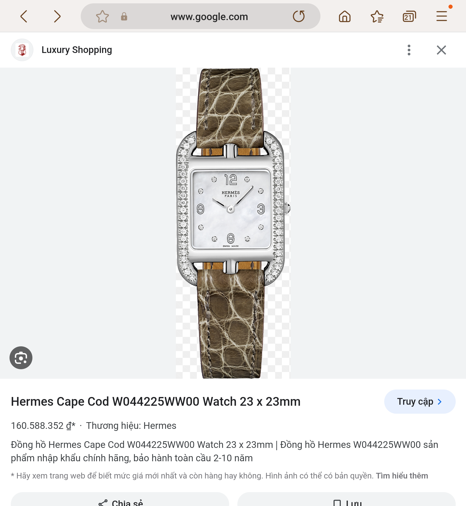 Hermes Cape Cod watch 23mm 047314WW00