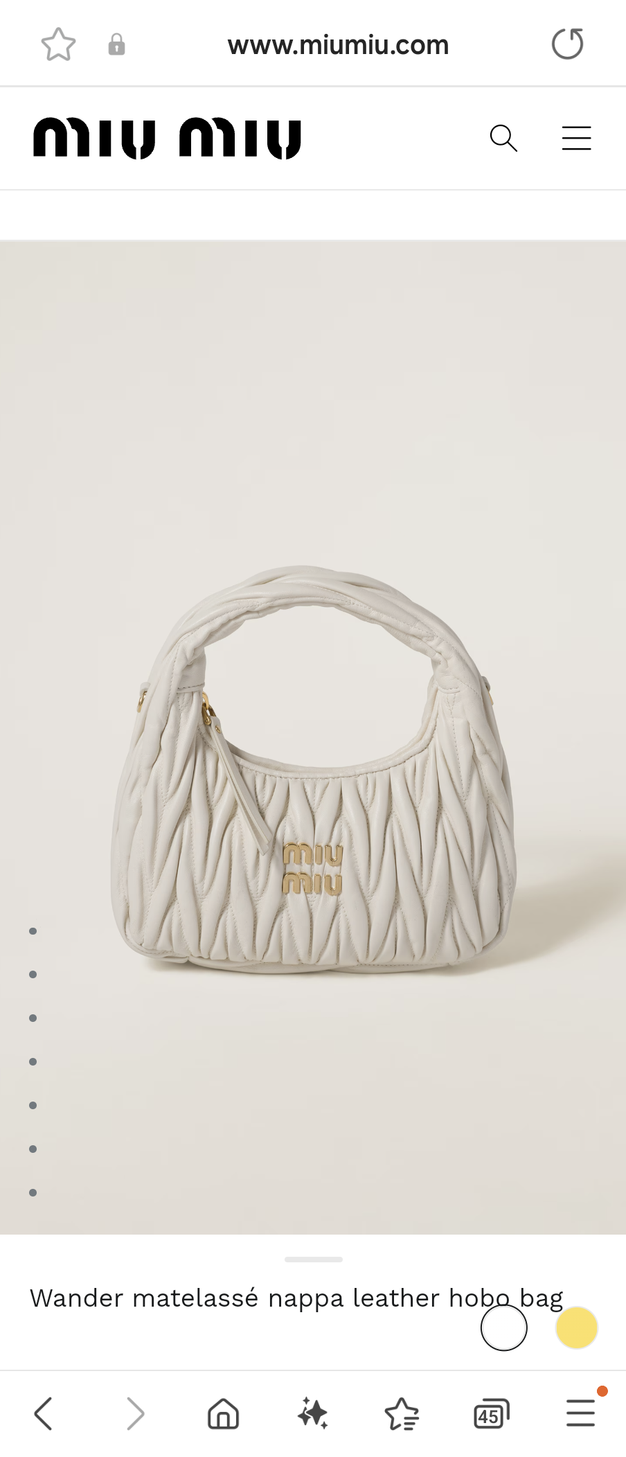 Miu Miu 5BC125 Wander matelasse nappa leather hobo bag white M1