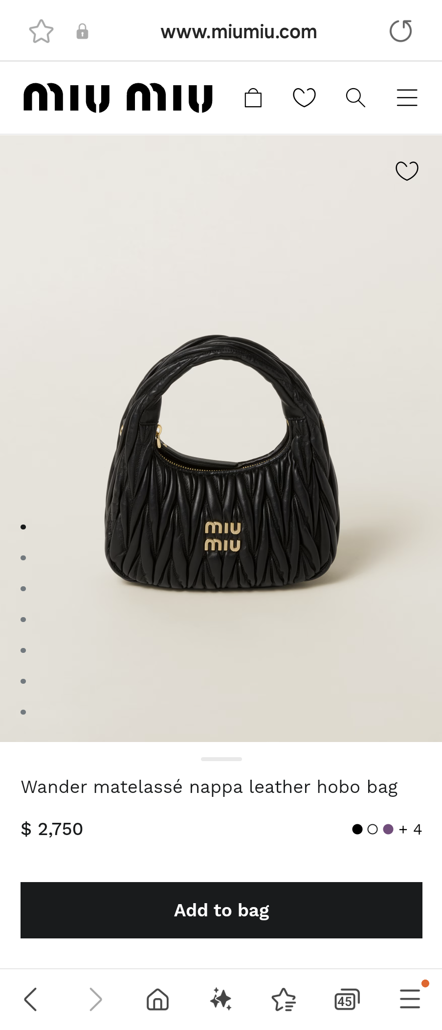 Miu Miu 5BC125 Wander matelasse nappa leather hobo bag Black M1