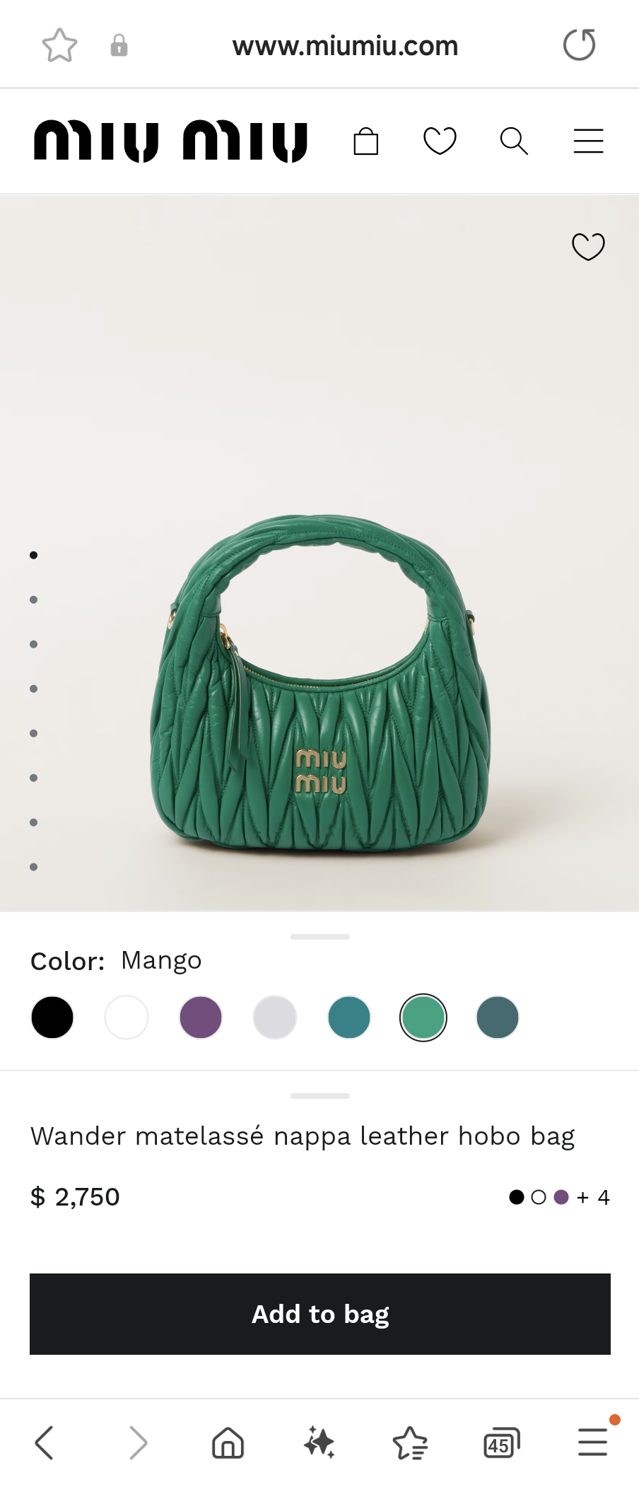 Miu Miu 5BC125 Wander matelasse nappa leather hobo bag mango M1