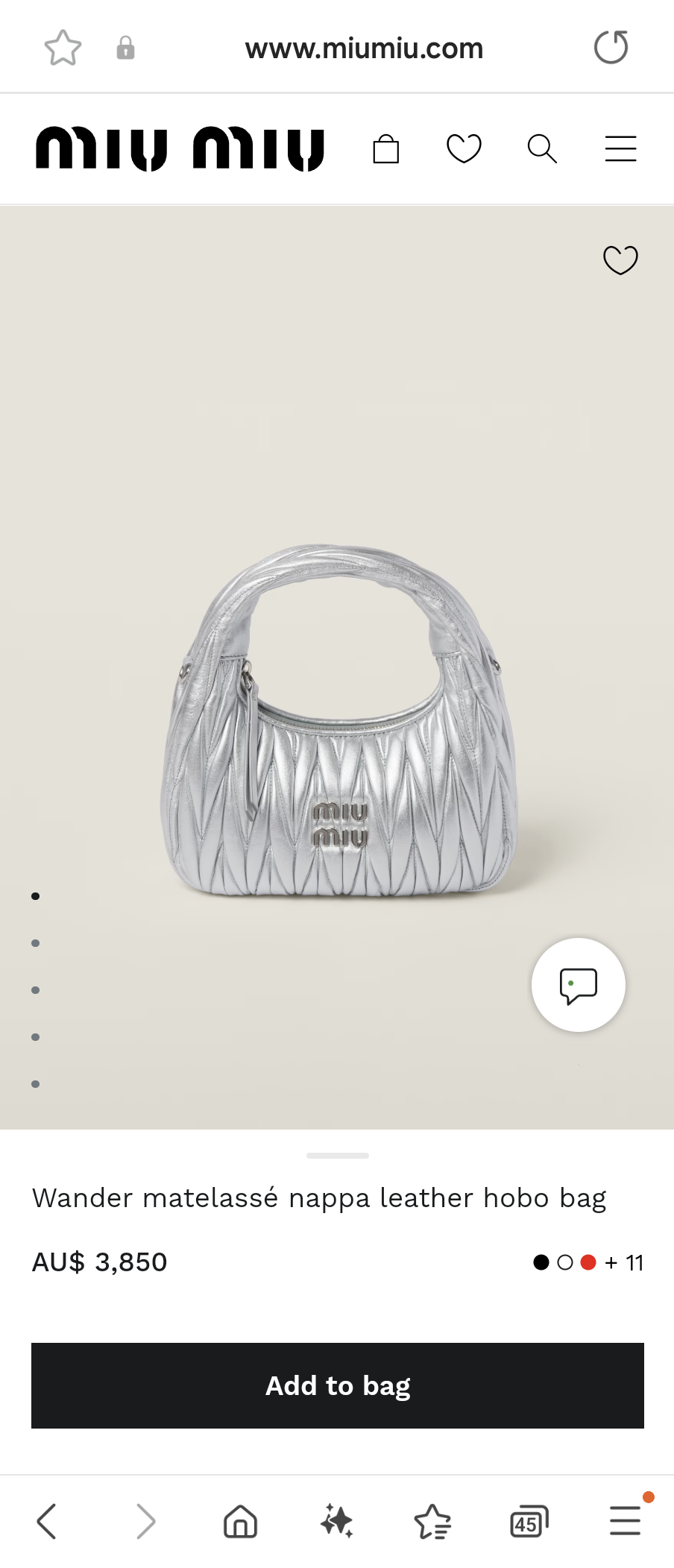 Miu Miu 5BC125 Wander matelasse nappa leather hobo bag silver M1