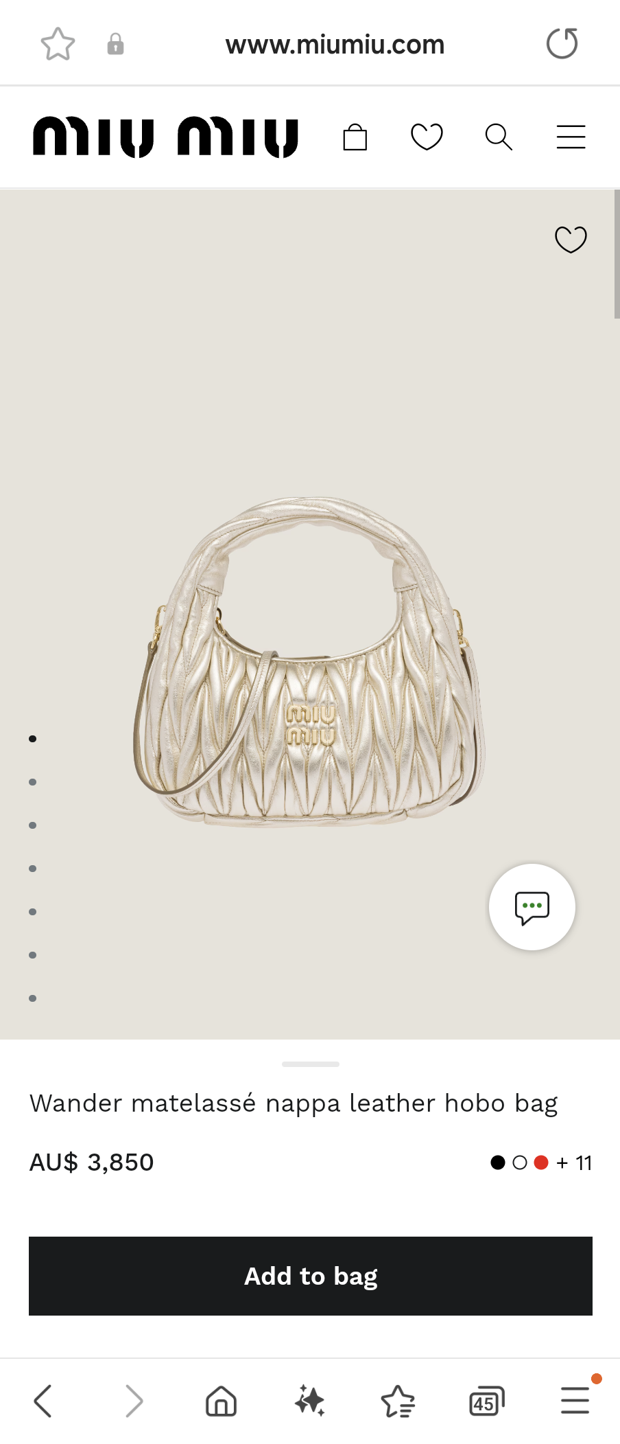 Miu Miu 5BC125 Wander matelasse nappa leather hobo bag pyrite M1