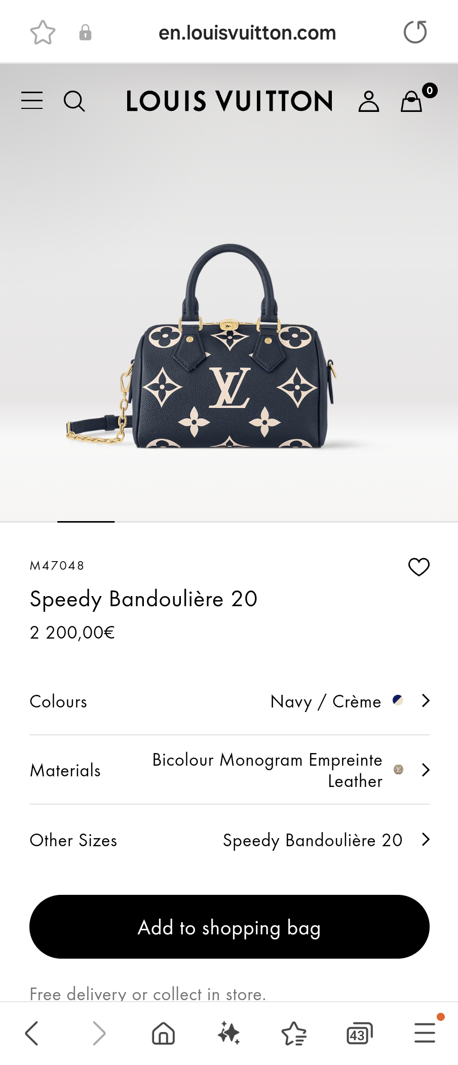 Louis Vuitton M47048 Speedy Bandoulière 20 navy blue