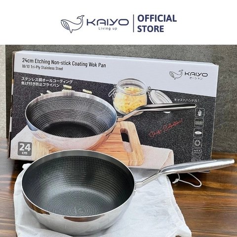 Chảo inox chống dính hoa văn nổi Tri-Ply đáy liền sâu lòng Kaiyo, size 24cm
