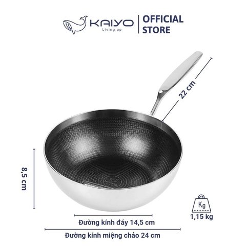 Chảo inox chống dính hoa văn nổi Tri-Ply đáy liền sâu lòng Kaiyo, size 24cm