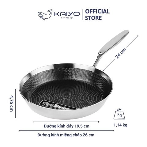 Chảo inox chống dính hoa văn nổi Tri-Ply đáy liền Kaiyo, size 26cm