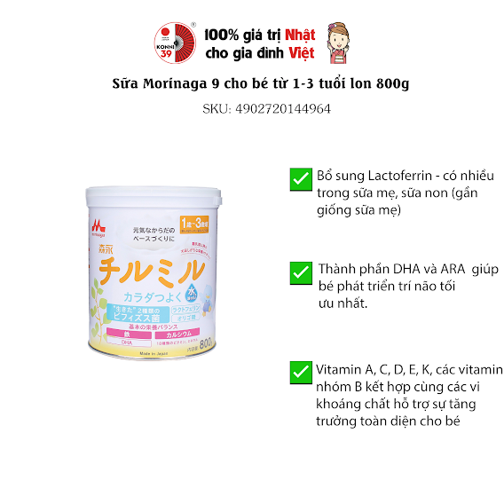 Sữa Morinaga 9 cho bé từ 1-3 tuổi lon 800g