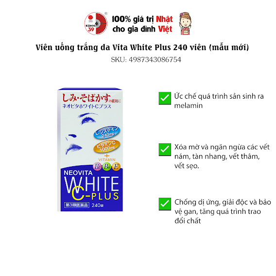 Viên uống trắng da Vita White Plus 240 viên (mẫu mới)