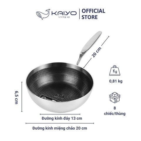 Chảo inox chống dính hoa văn nổi Tri-Ply đáy liền sâu lòng Kaiyo, size 20cm