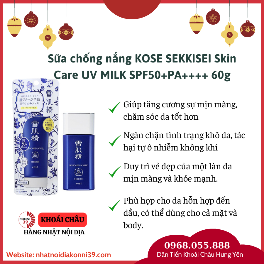 Set sữa chống nắng KOSE SEKKISEI Skin Care UV MILK SPF50+PA++++ 60g + nước hoa hồng 24ml