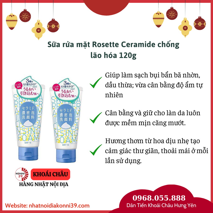Sữa rửa mặt Rosette Ceramide chống lão hóa 120g