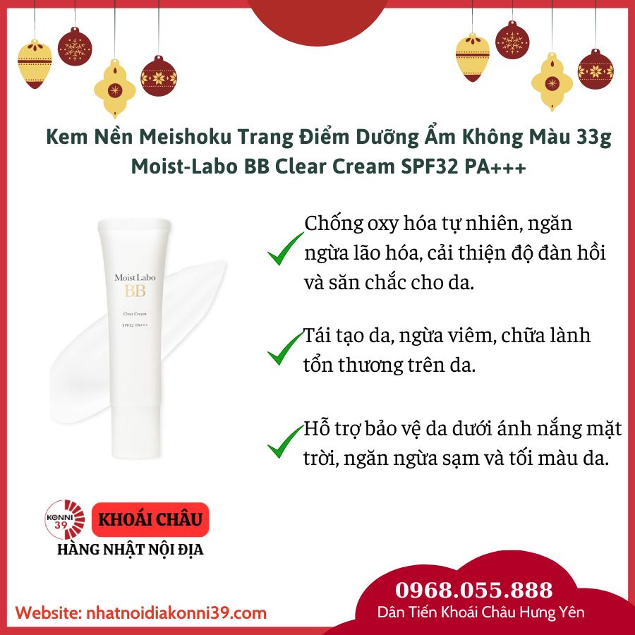 Kem Nền Meishoku Trang Điểm Dưỡng Ẩm Không Màu 33g Moist-Labo BB Clear Cream SPF32 PA+++