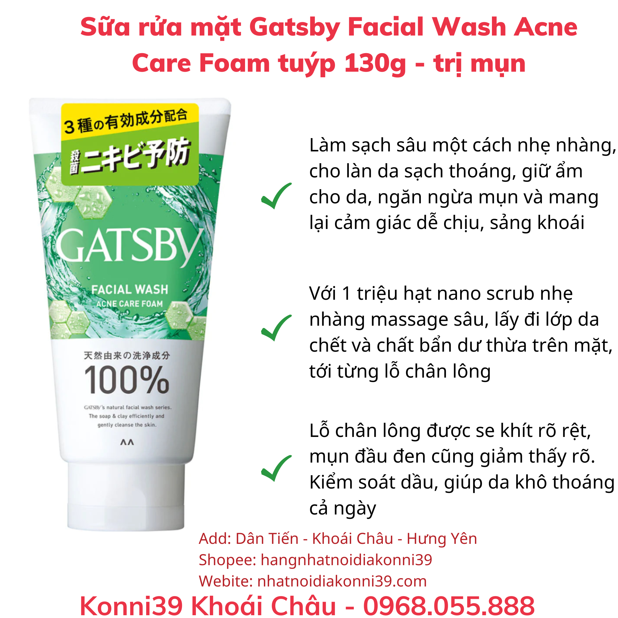 Sữa rửa mặt Gatsby Facial Wash Acne Care Foam tuýp 130g - trị mụn