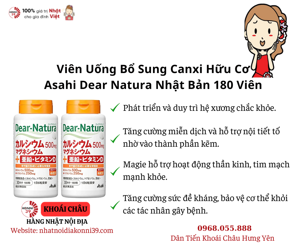 Viên Uống Bổ Sung Canxi Hữu Cơ Asahi Dear Natura Nhật Bản 180 Viên