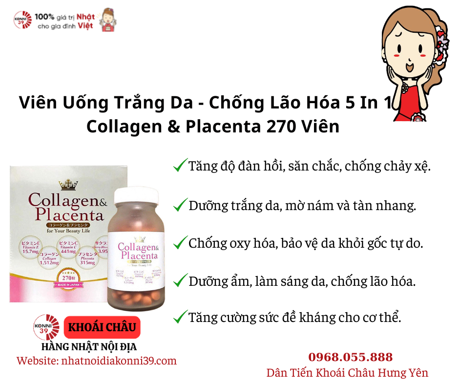 Viên Uống Trắng Da - Chống Lão Hóa 5 In 1 Collagen & Placenta 270 Viên