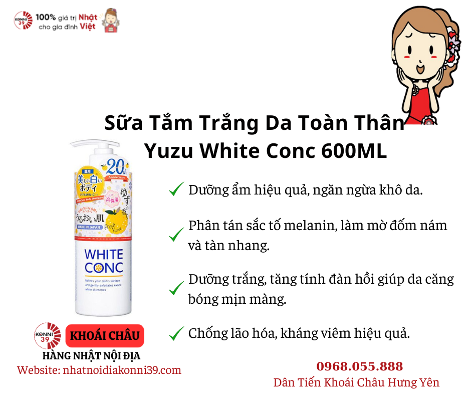 Sữa Tắm Trắng Da Toàn Thân Yuzu White Conc 600ML