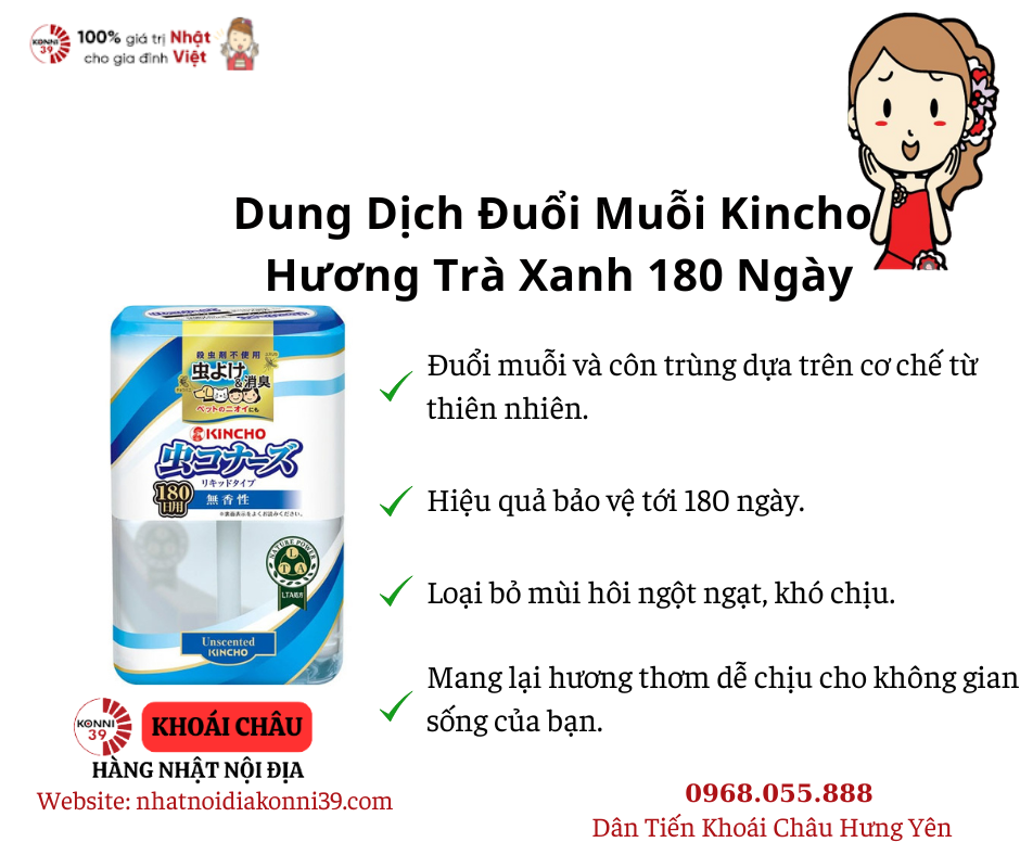 Dung Dịch Đuổi Muỗi Kincho Hương Trà Xanh 180 Ngày