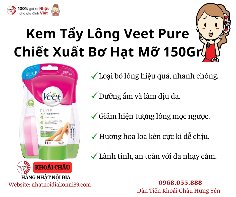 Kem Tẩy Lông Veet Pure - Chiết Xuất Bơ Hạt Mỡ 150Gr