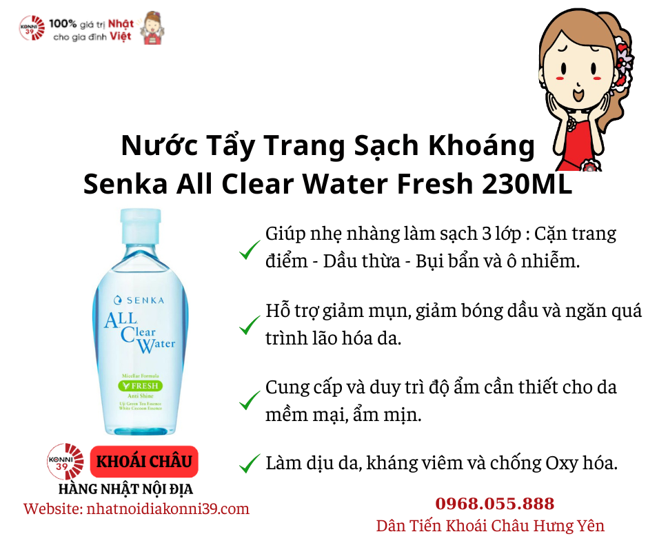 Nước Tẩy Trang Sạch Khoáng Ngừa Mụn Kiểm Soát Nhờn Senka All Clear Water Fresh 230ML