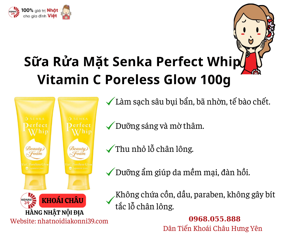 Sữa Rửa Mặt Senka Perfect Whip Vitamin C Poreless Glow 100g